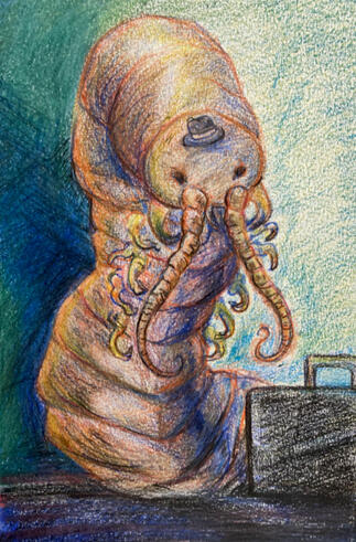 Gregor the Salesman, colored pencil, 2024